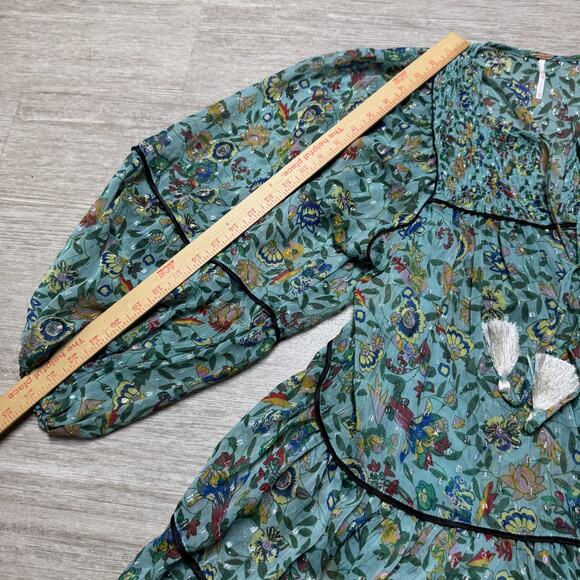 Free People Metallic Floral Midi Dress XS Puff Sleeve Light Blue Lined Oversized - Picture 8 of 9